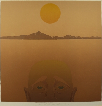 Ungedeutet signiert: Kopf in Landschaft. Surreale Lithographie 1971.